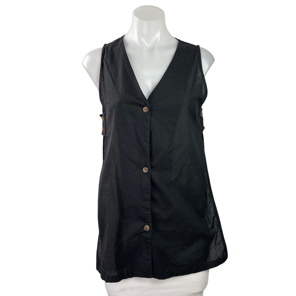 Commense Women's Black Sleeveless Open Sided V-neck Button Down Vest Top Sz XS
